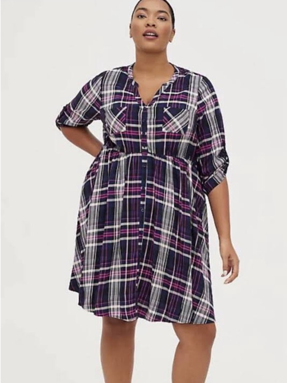Torrid NWT $69.50 Dress Navy, Pink & White Plaid Button-Front Tunic Dress